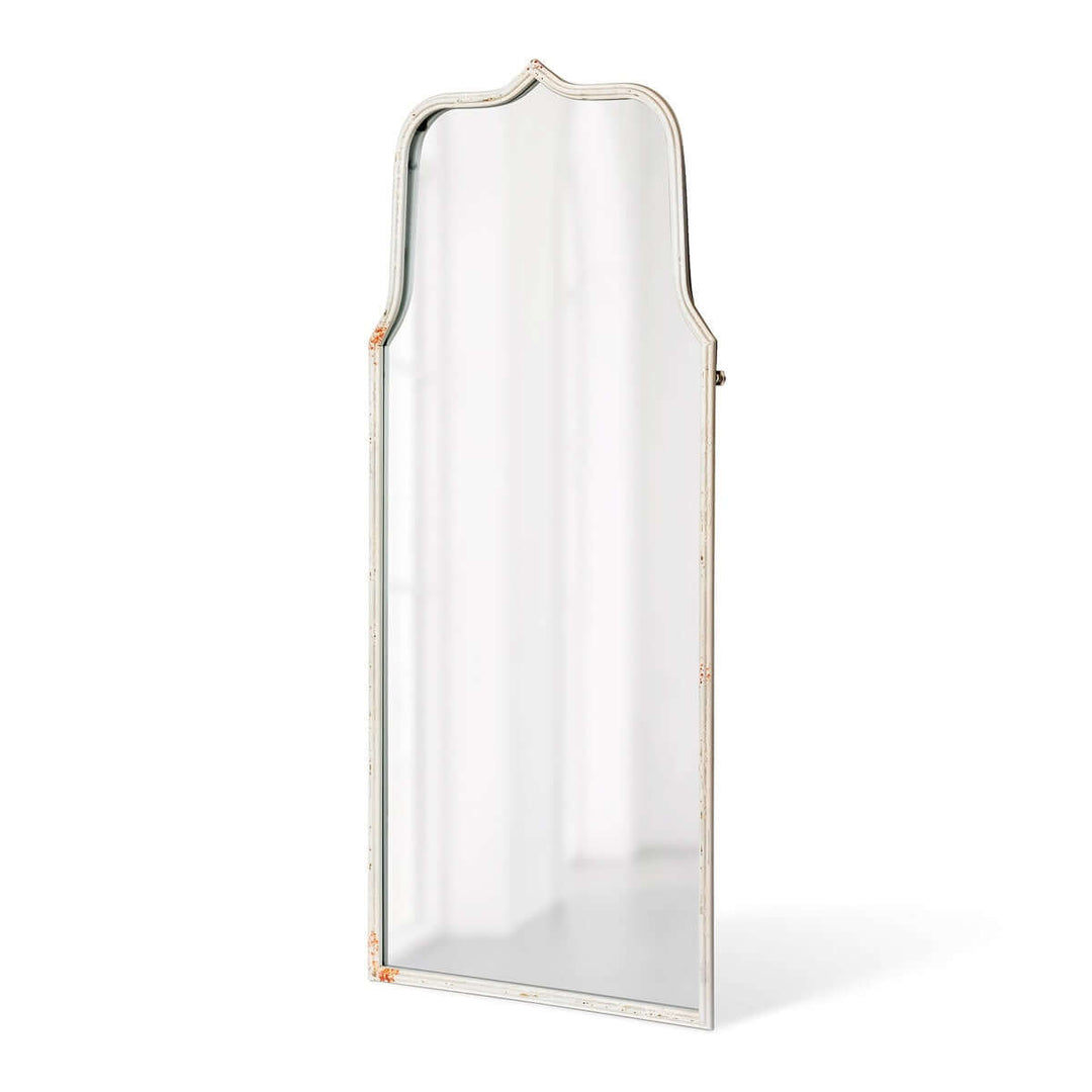 French Country arch mirror with distressed white frame, featuring vintage elegance and a gently weathered finish.