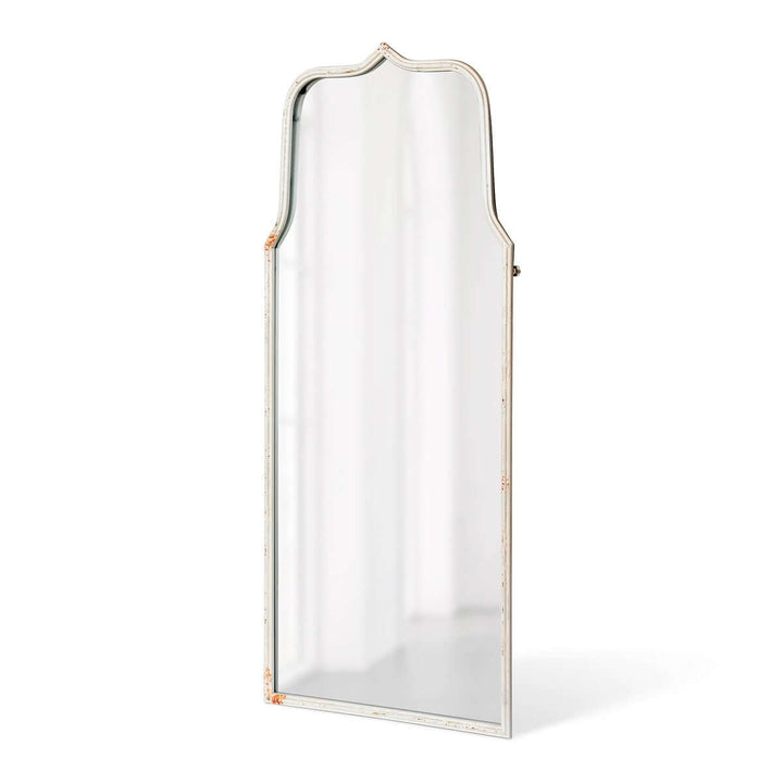 French Country arch mirror with distressed white frame, featuring vintage elegance and a gently weathered finish.