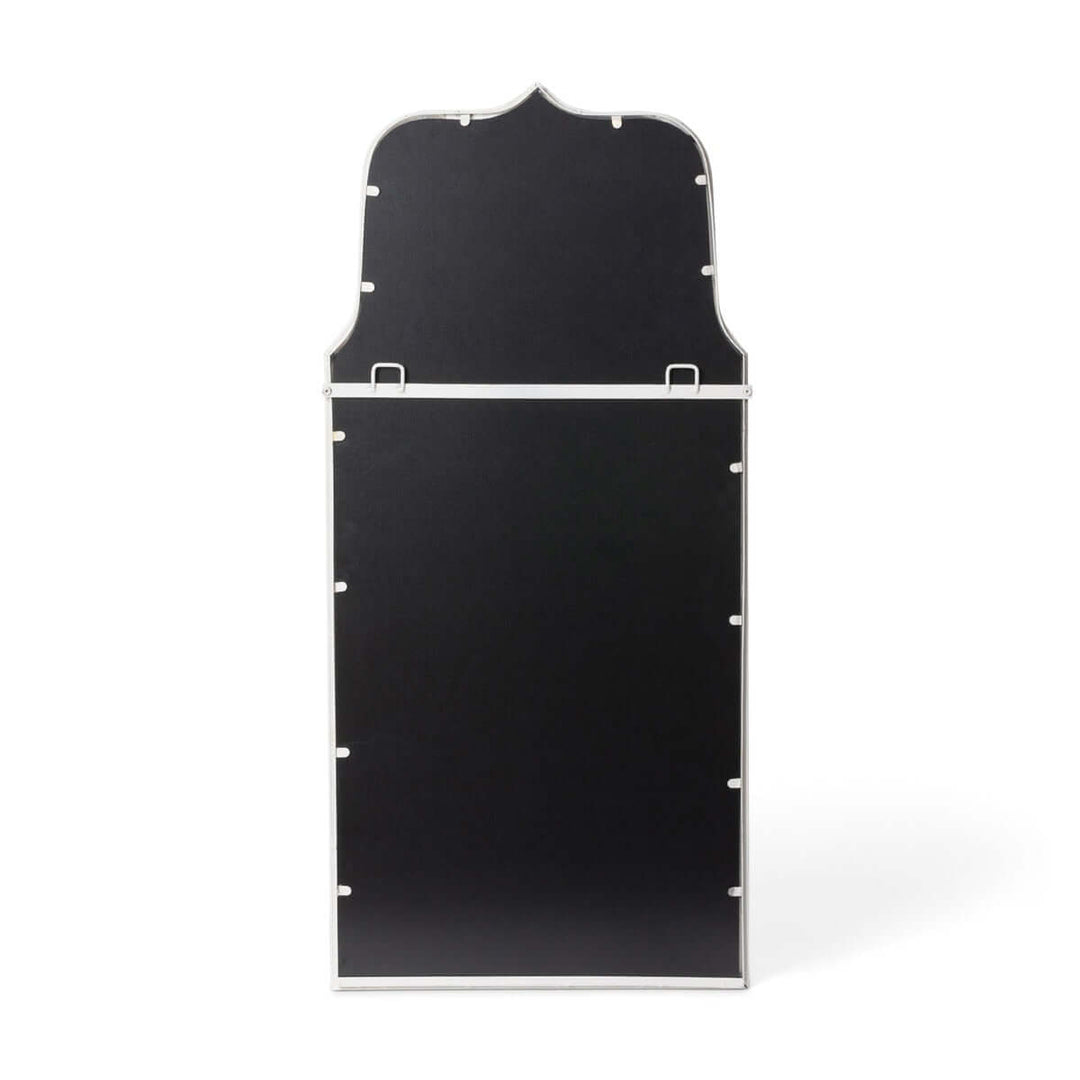 Back view of French Country arch mirror with distressed white frame, showcasing its elegant silhouette and sturdy construction.