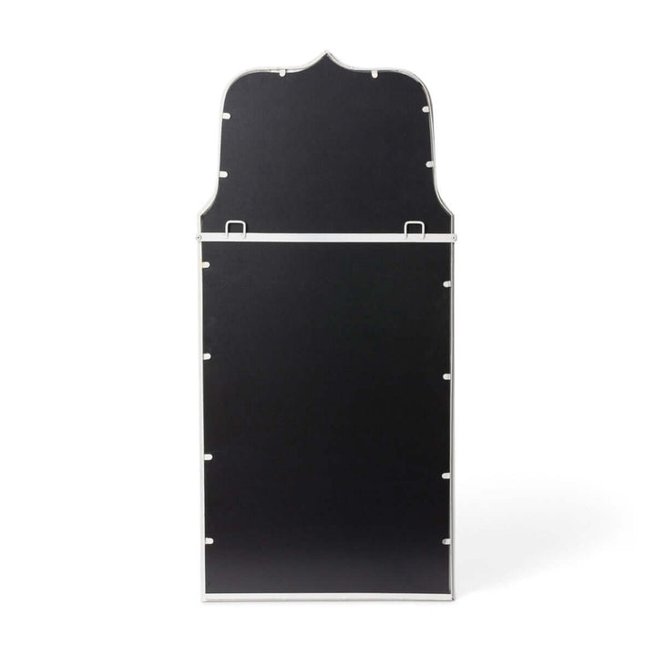 Back view of French Country arch mirror with distressed white frame, showcasing its elegant silhouette and sturdy construction.