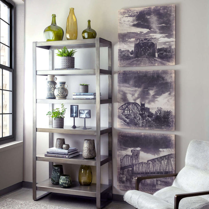 Vintage Arkansas railroad bridge canvas art set of 3, featuring iconic bridges in sepia tones, displayed on a modern wall.