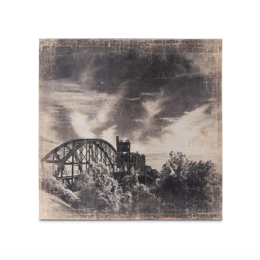 Vintage canvas art featuring the sepia-toned Rock Island Railroad Bridge in Little Rock, Arkansas.