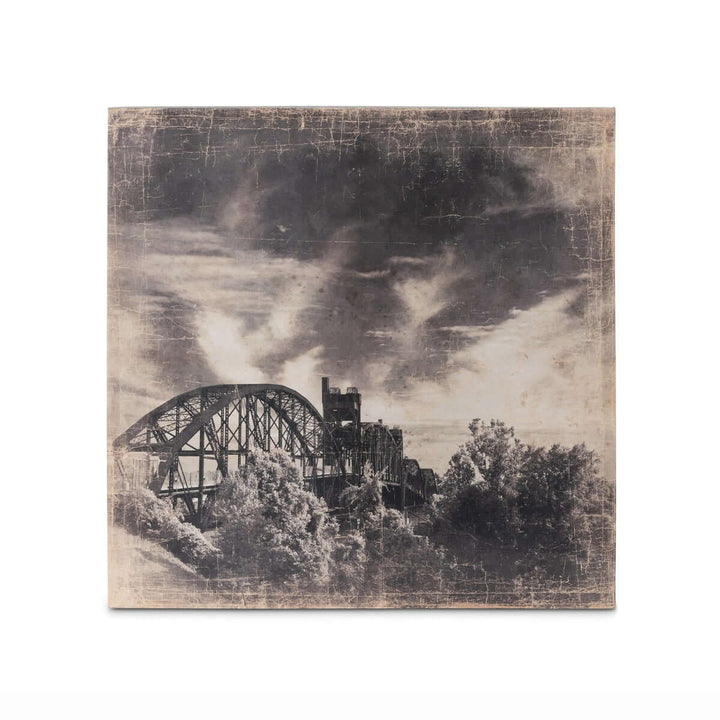 Vintage canvas art featuring the sepia-toned Rock Island Railroad Bridge in Little Rock, Arkansas.