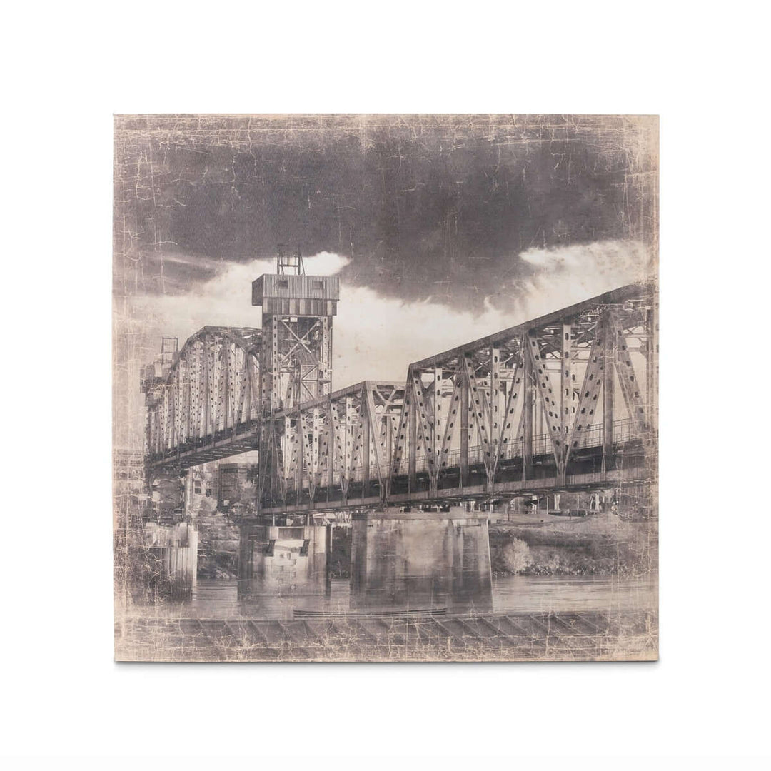 Vintage sepia-toned canvas art of Arkansas railroad bridge by artist Nancy Nolan, highlighting the iconic industrial architecture.