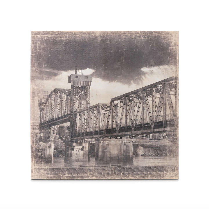 Vintage sepia-toned canvas art of Arkansas railroad bridge by artist Nancy Nolan, highlighting the iconic industrial architecture.