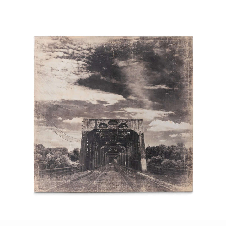 Vintage sepia-toned canvas art of the iconic Arkansas railroad bridge, showcasing industrial beauty under dramatic skies.