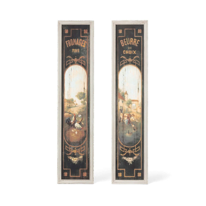 Vintage French country kitchen wall art featuring tall wooden signs with 'Fromages Fins' and 'Beurre' text, rustic dairy theme.