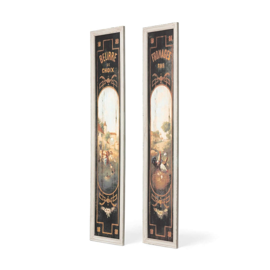 Vintage French country kitchen wall art with butter and cheese signs, rustic decor for a sunlit provincial kitchen.