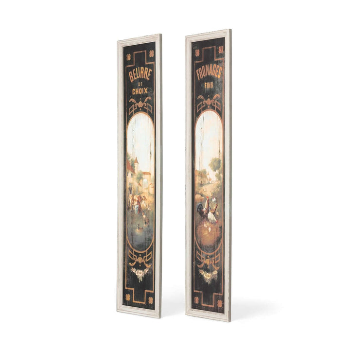Vintage French country kitchen wall art with butter and cheese signs, rustic decor for a sunlit provincial kitchen.