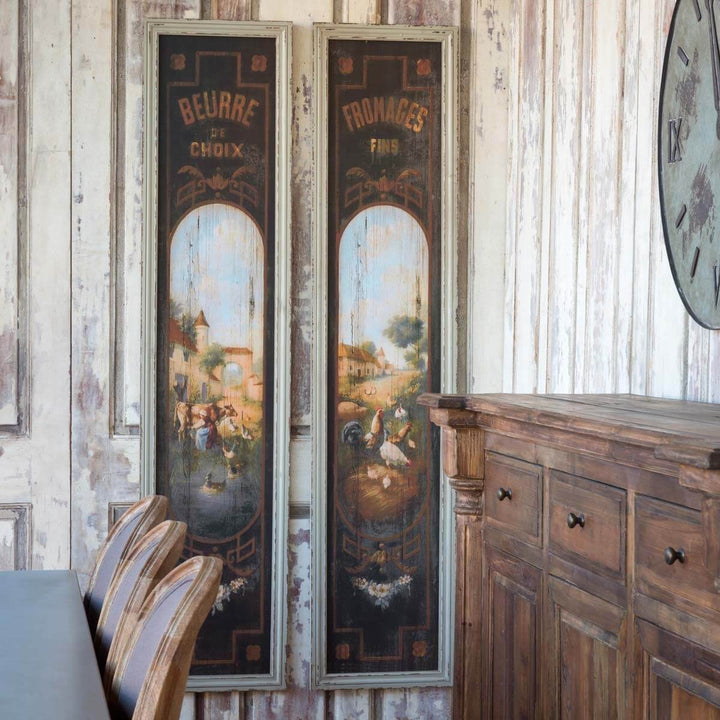 French Country Kitchen Wall Art with Vintage Butter and Cheese Signs on wooden panels, adding rustic charm and warmth to decor.