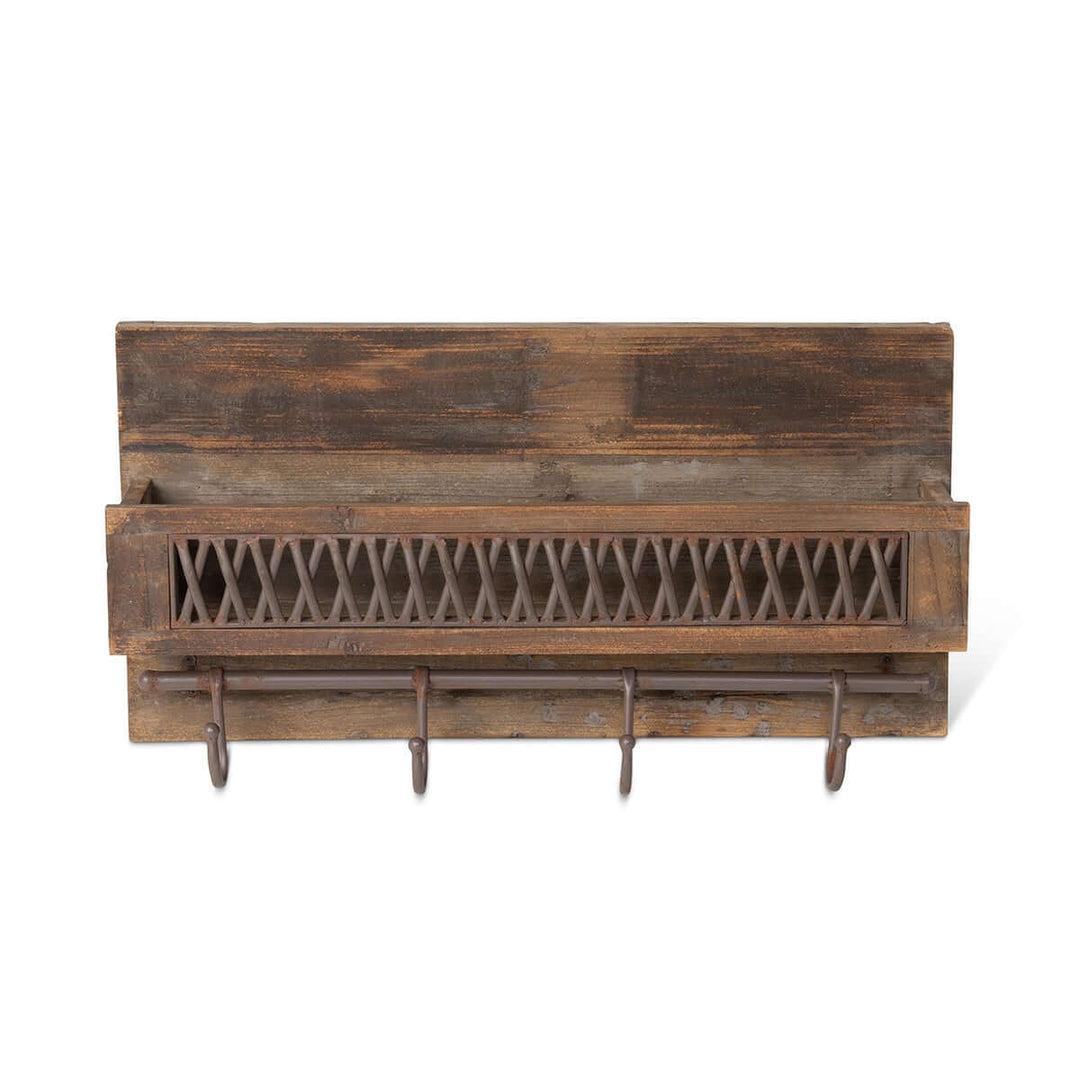 Rustic farmhouse wall shelf with hooks and metal lattice accent, perfect for organizing and enhancing rustic home decor.