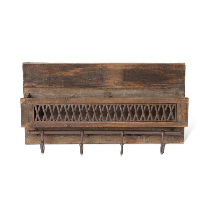 Rustic farmhouse wall shelf with hooks and metal lattice accent, perfect for organizing and enhancing rustic home decor.