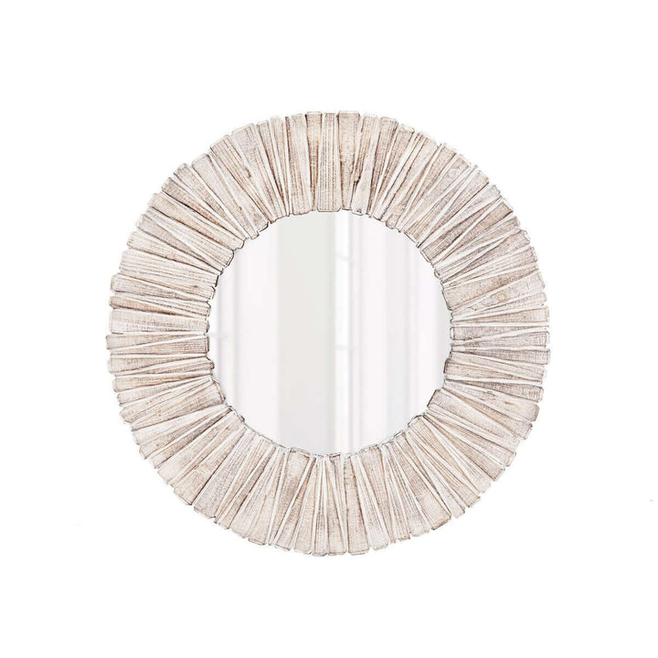 Whitewashed wood slat round wall mirror with handcrafted design and natural texture, featuring a radiant circular pattern.