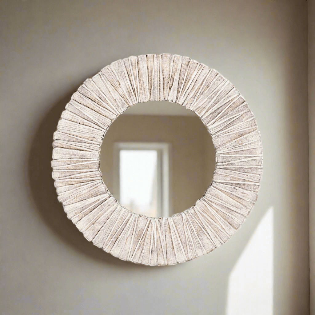 Whitewashed wood slat round wall mirror with rustic handcrafted design reflecting subtle textures and natural beauty.