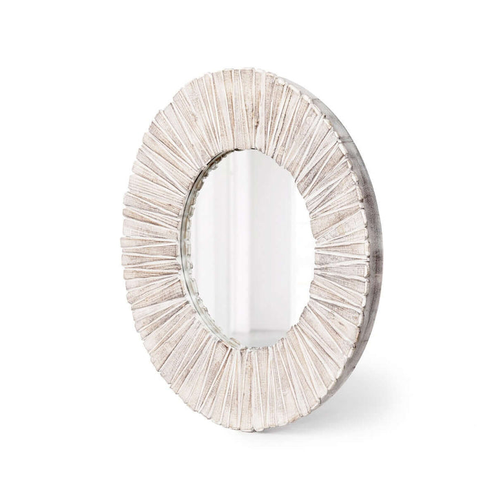 Whitewashed wood slat round wall mirror with handcrafted design and natural grain texture.