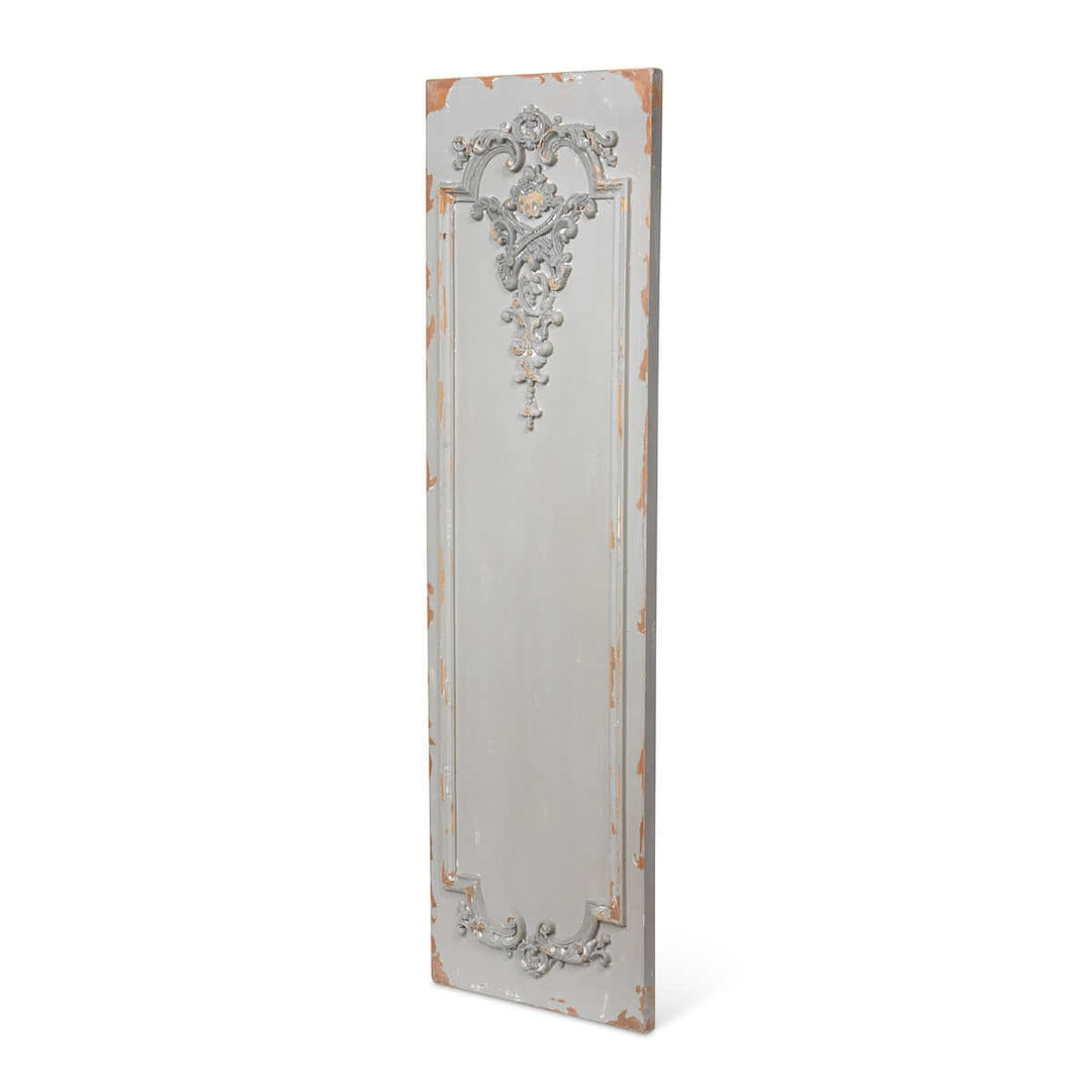 Distressed French Wall Panel with ornate scrollwork, slate grey patina, and antique Art Nouveau design for vintage home decor.