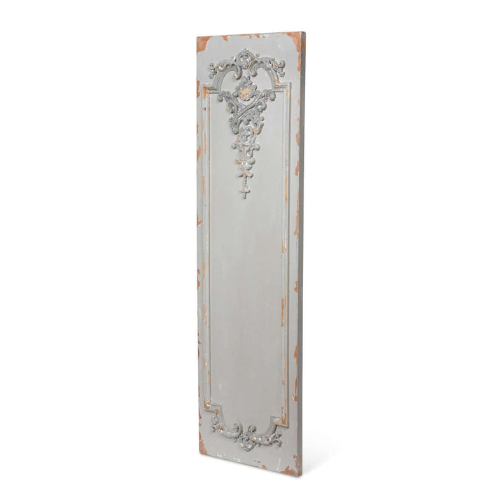 Distressed French Wall Panel with ornate scrollwork, slate grey patina, and antique Art Nouveau design for vintage home decor.