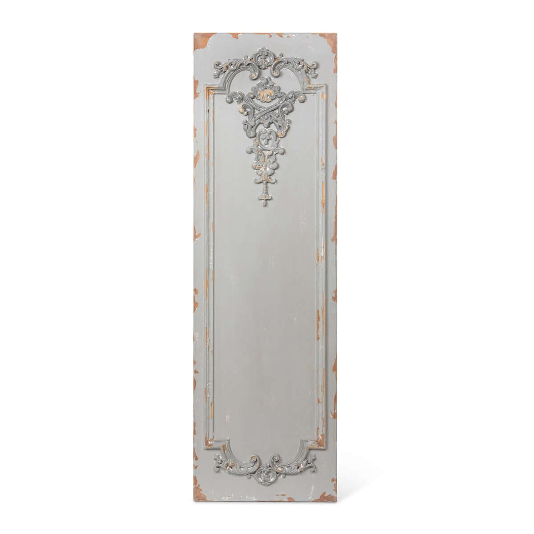 Distressed French wall panel with Art Nouveau scrollwork and slate grey patina to enhance Belle Époque decor.