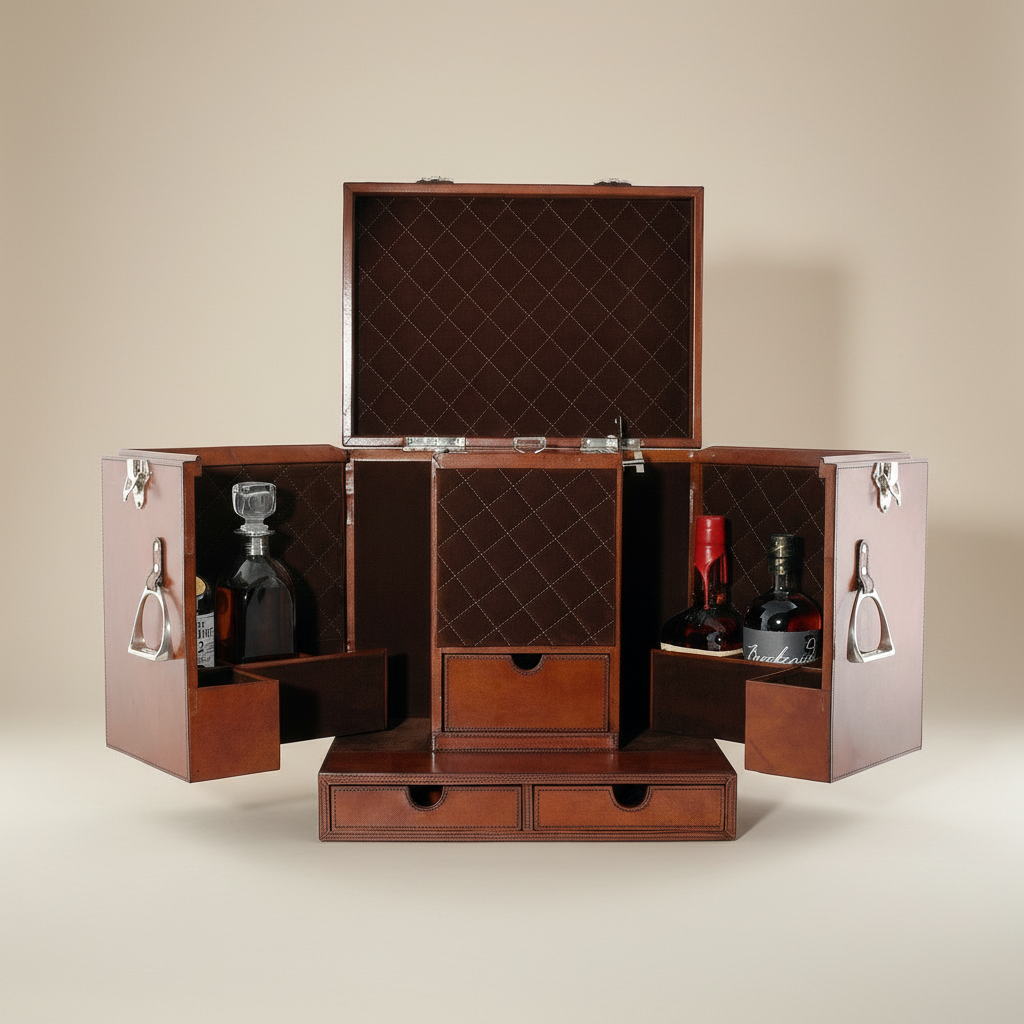 Wooden briefcase-style bar with bottles inside on a beige background