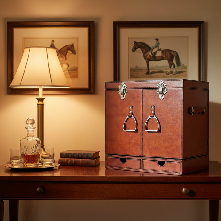 Brown leather bar case on a wooden table with a lamp and framed horse pictures in the background.