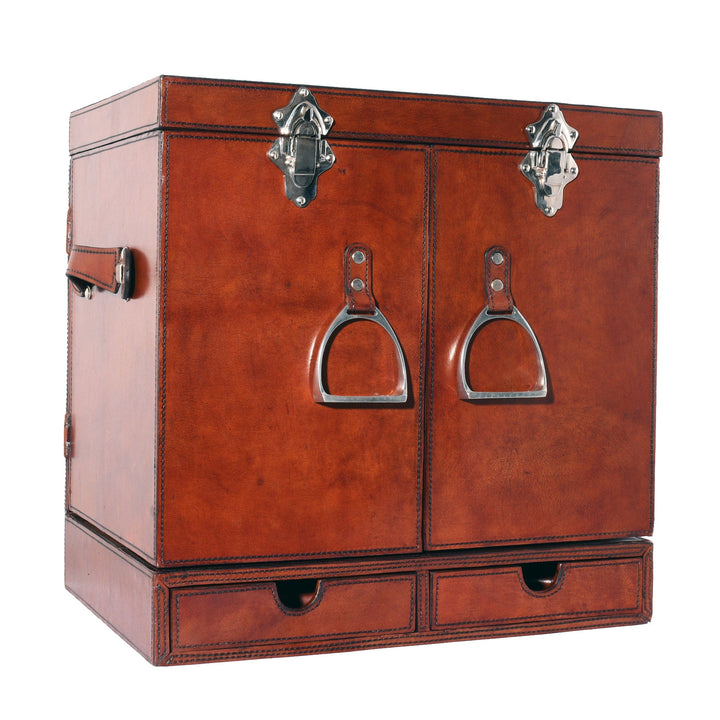 Brown leather bar trunk with silver hardware on a white background