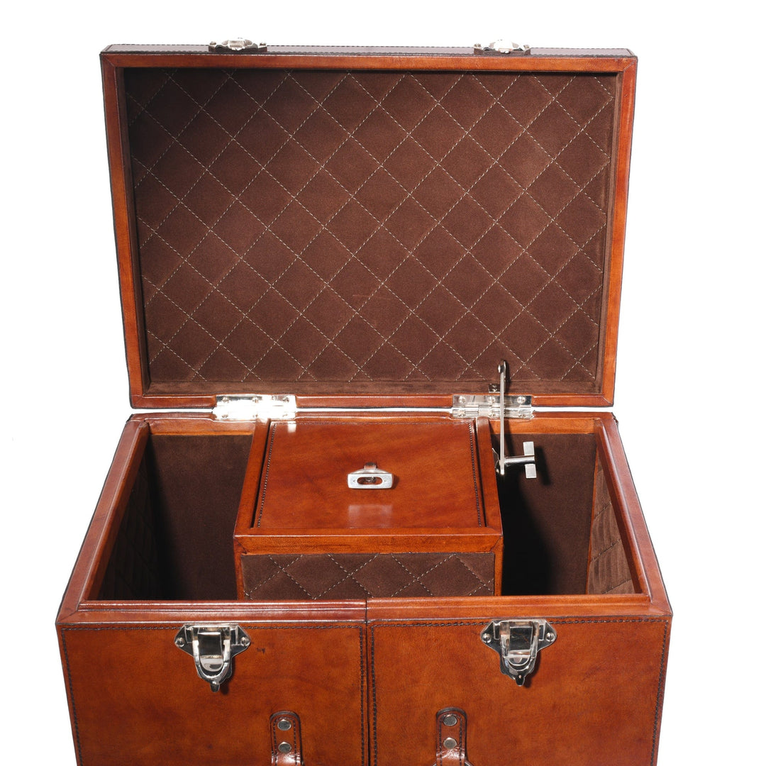 Brown leather bar trunk with diamond pattern interior on a white background