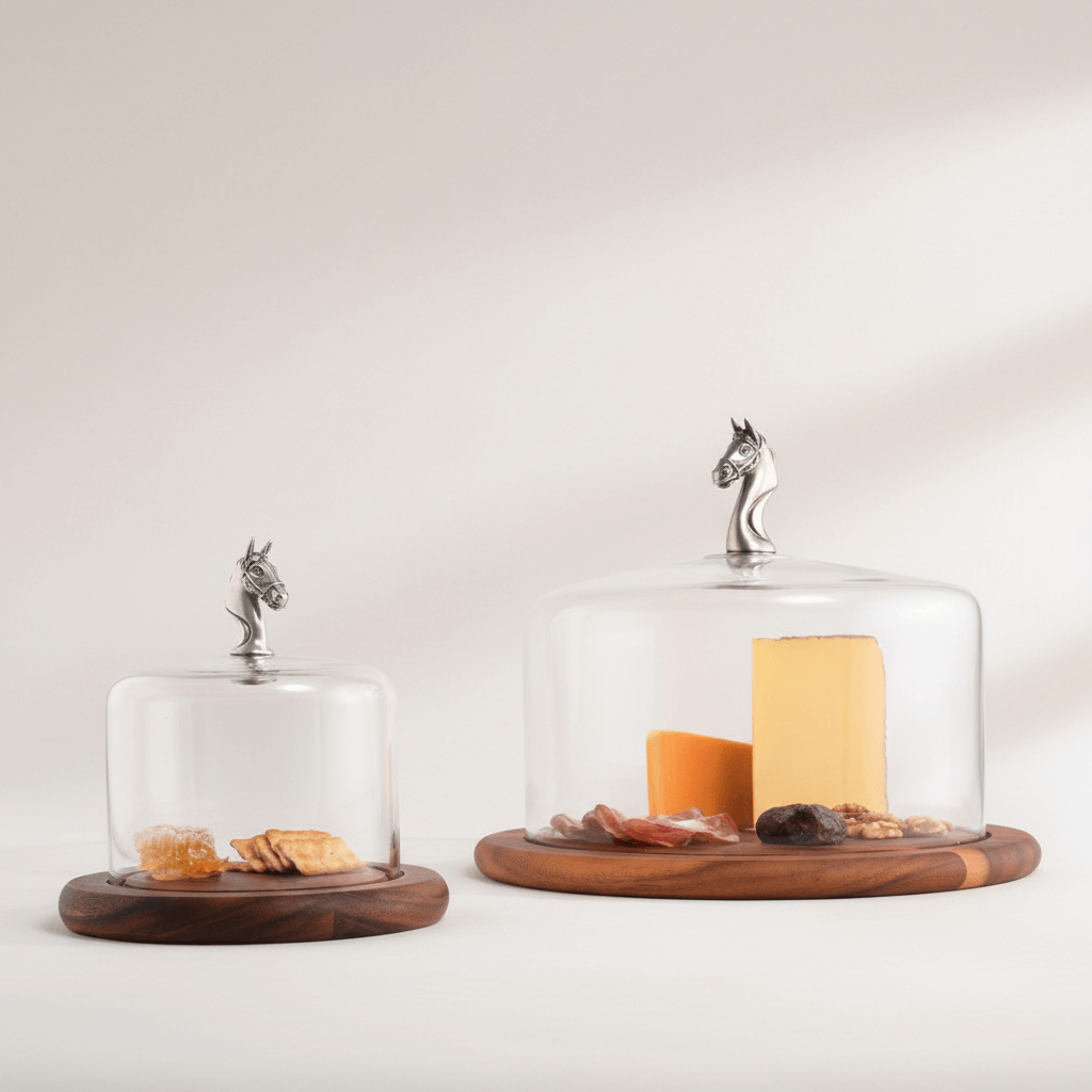 Two glass domes with wooden bases on a white background