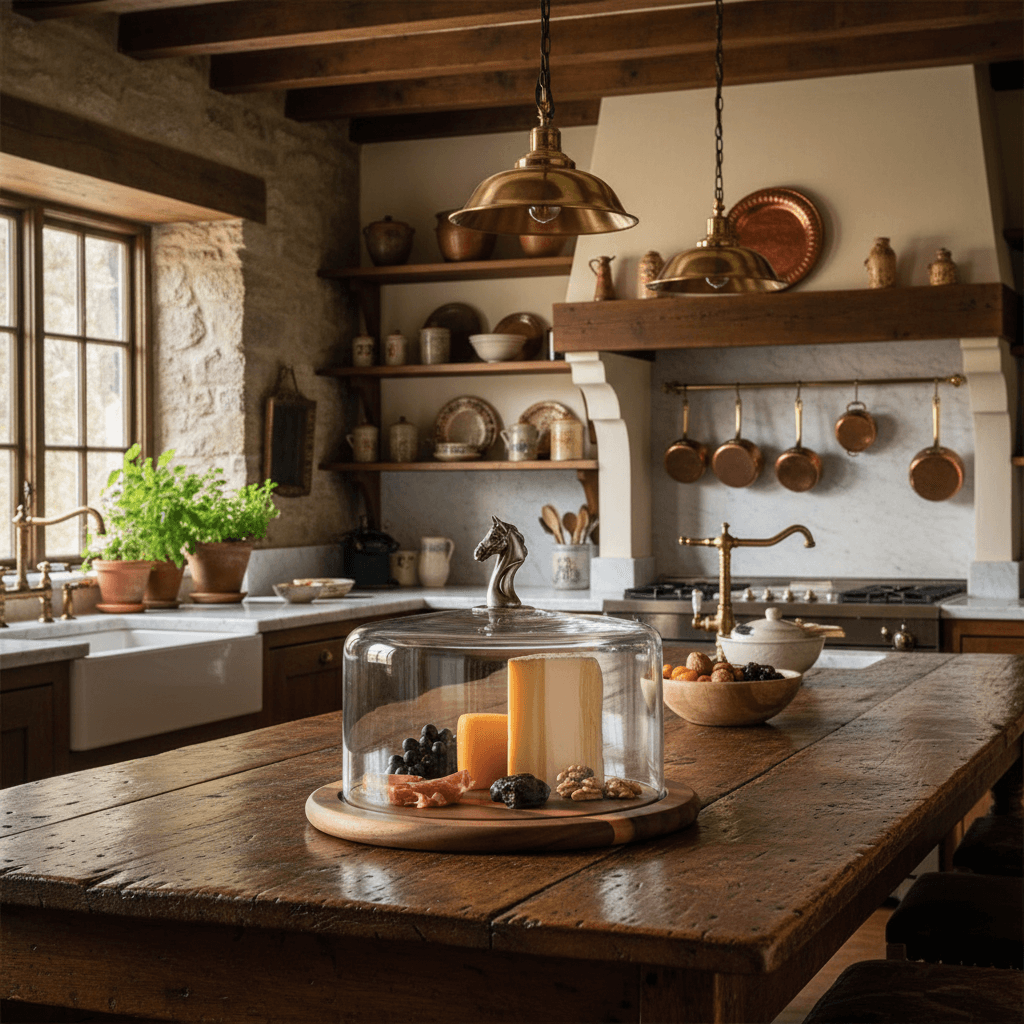 Cozy kitchen with wooden table, shelves, and hanging pots.