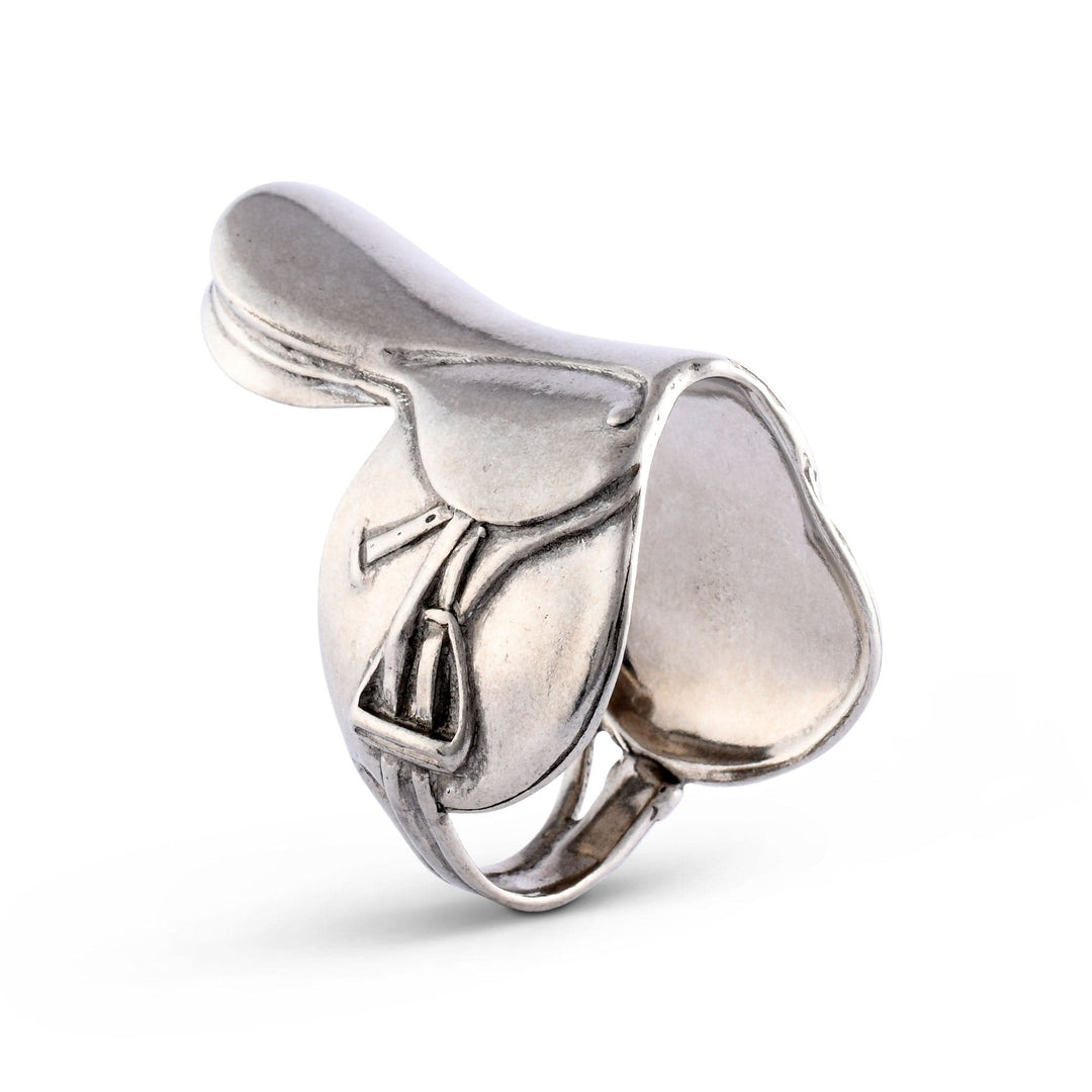 Silver saddle napkin ring with a unique design on a white background