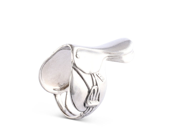 Silver saddle napkin ring with a unique design on a white background