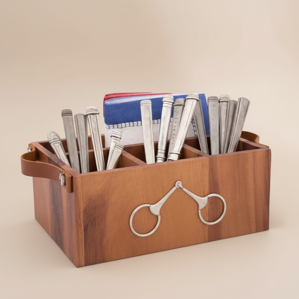 Wooden flatware caddy with kitchen items on a beige background