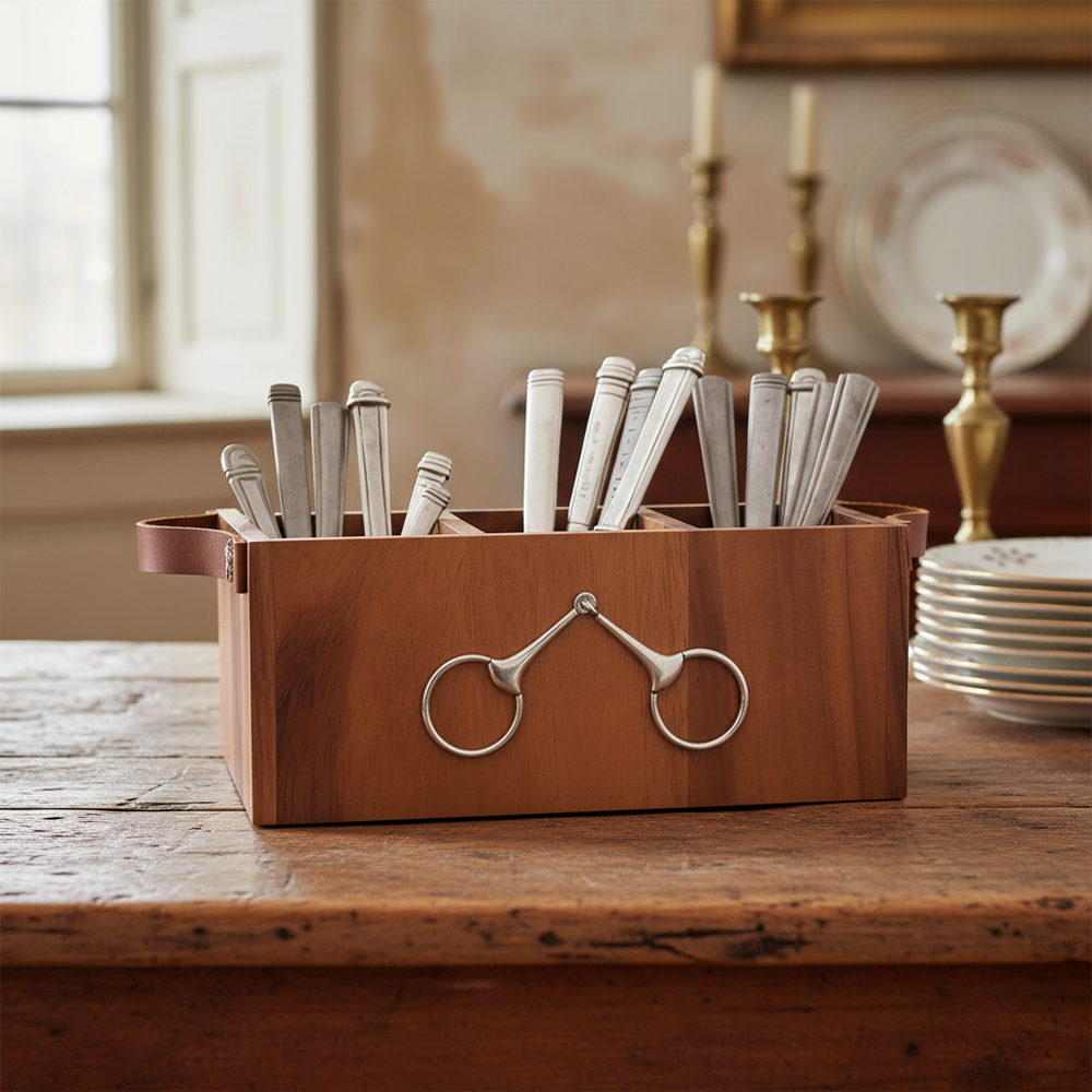 Wooden utensil holder with cutlery on a wooden table