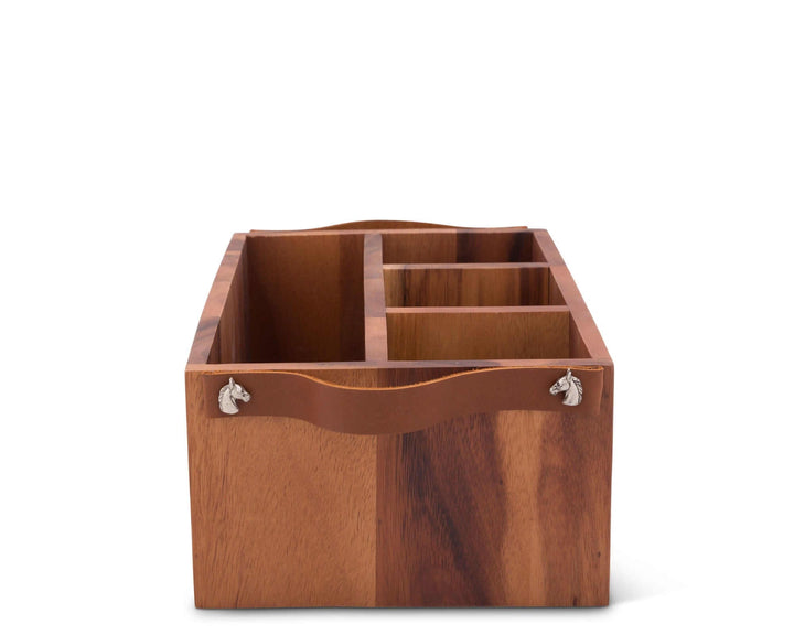 Wooden flatware caddy with multiple compartments on a white background