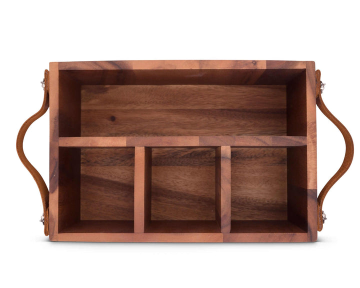 Wooden flatware caddy with compartments and handles on a white background