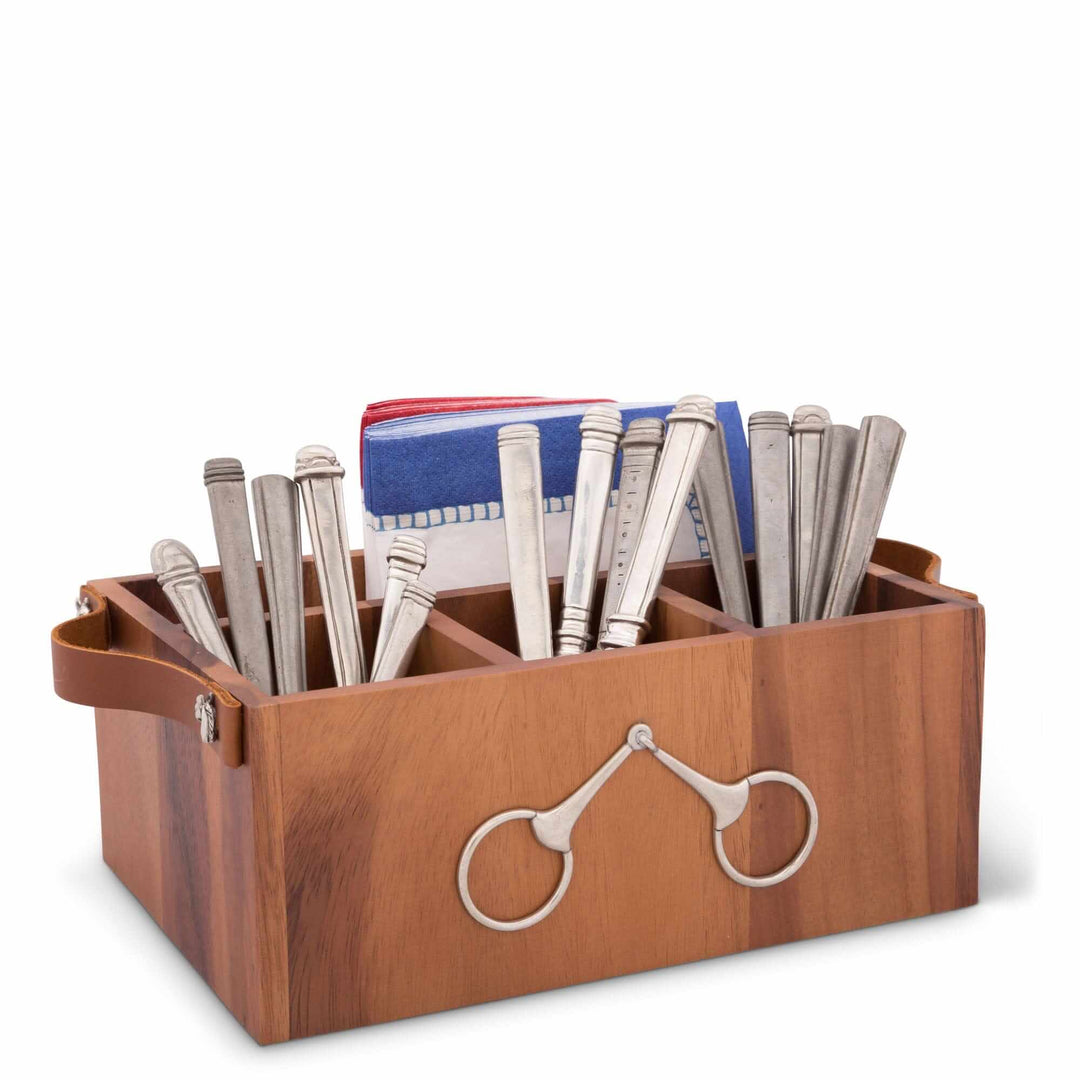 Wooden flatware organizer with kitchen items on a white background