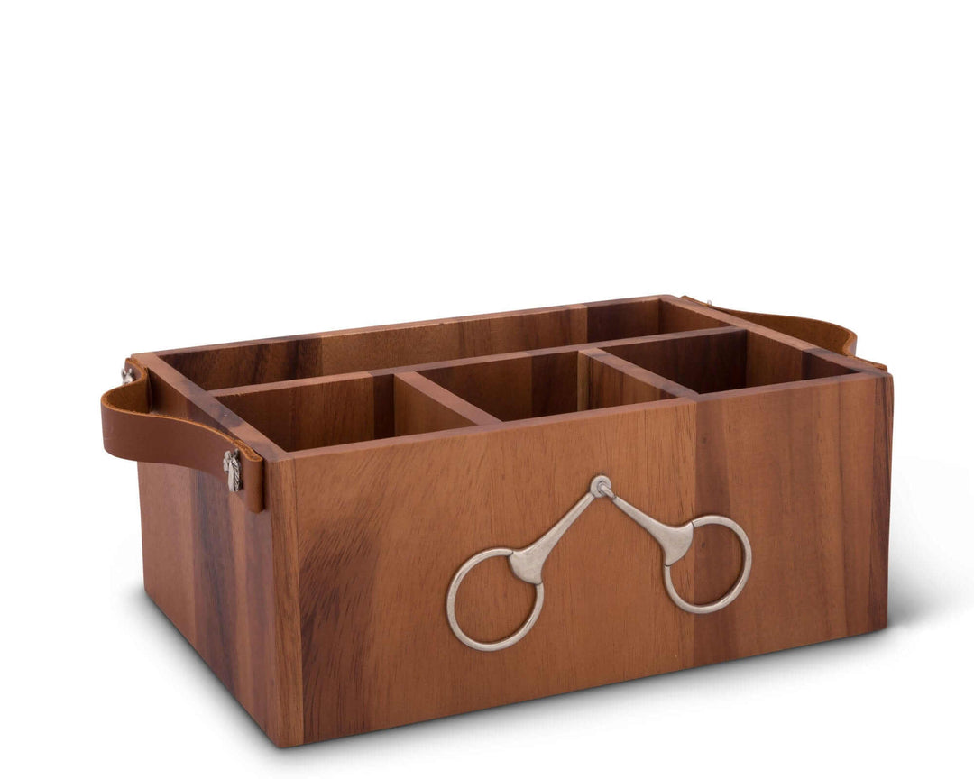 Wooden caddy with equestrian design on a white background