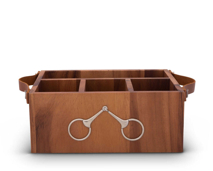 Wooden storage caddy with equestrian design on a white background