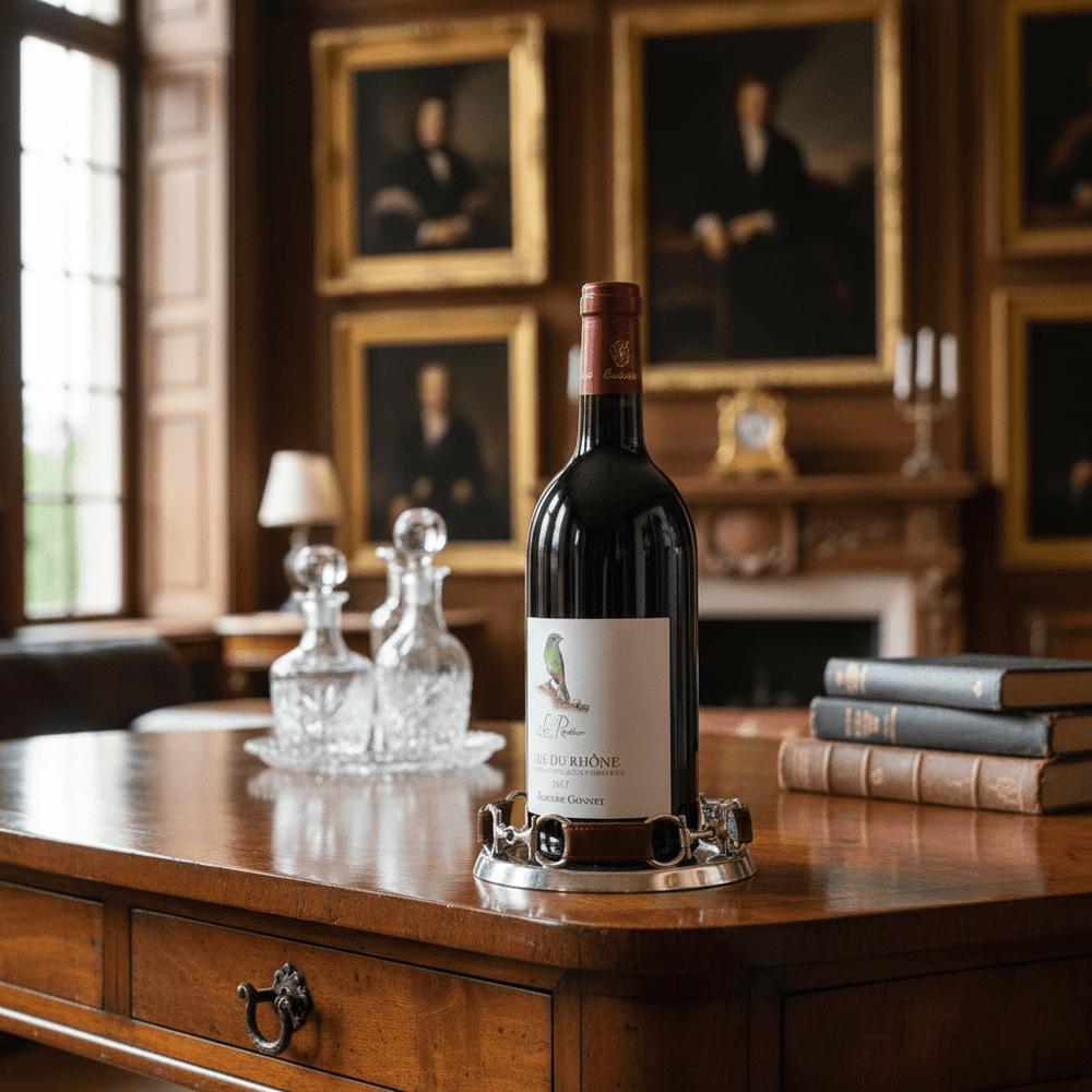 Equestrian Horse Bit Leather and Pewter Wine Coaster holding a bottle of wine in a living room 