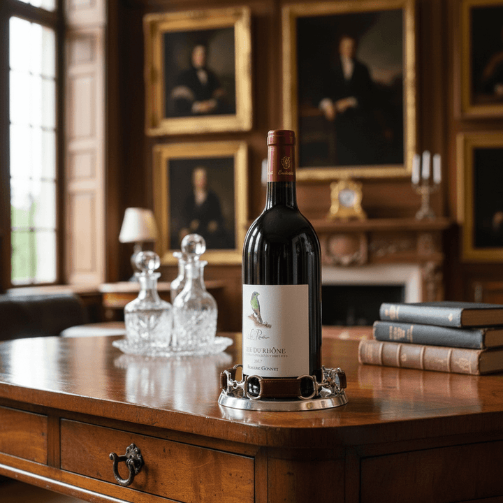 Equestrian Horse Bit Leather and Pewter Wine Coaster holding a bottle of wine in a living room 