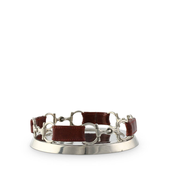 wine coaster with brown leather strap and silver metal clasp on a white background