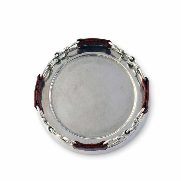 Silver wine coaster with decorative border on a white background