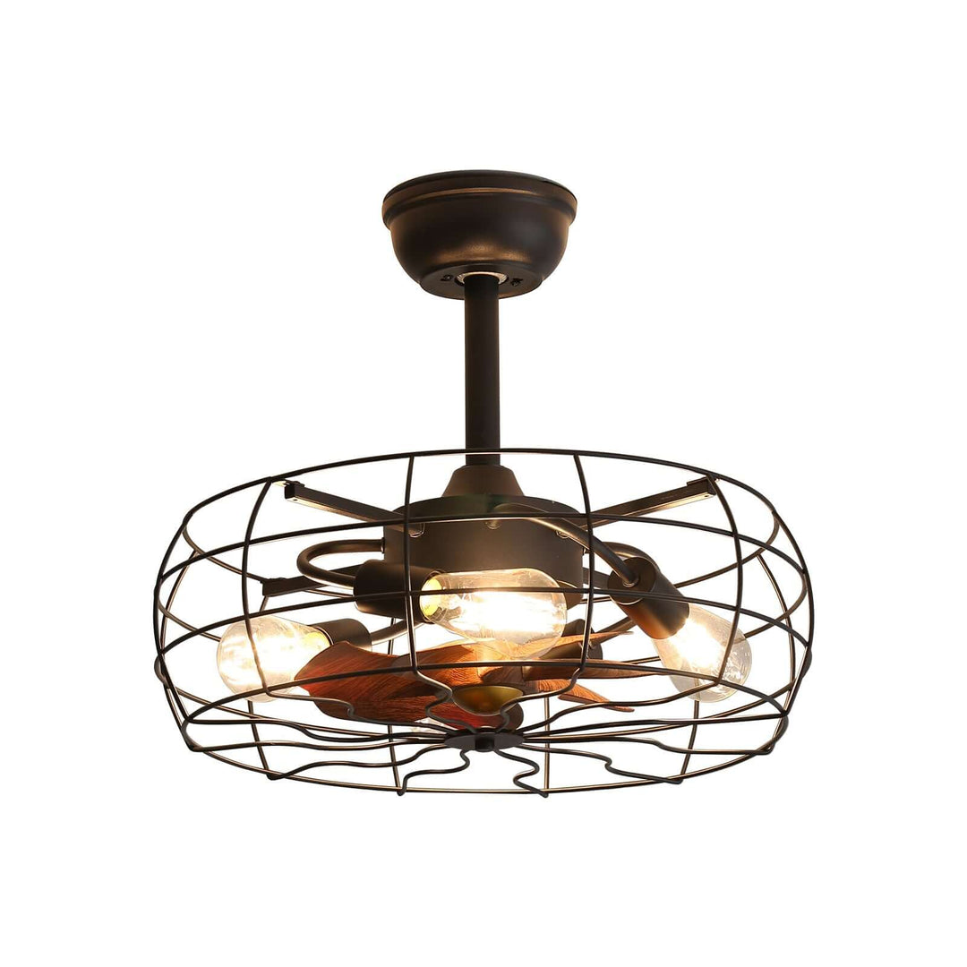 Ceiling fan with light bulb inside a decorative cage on a white background