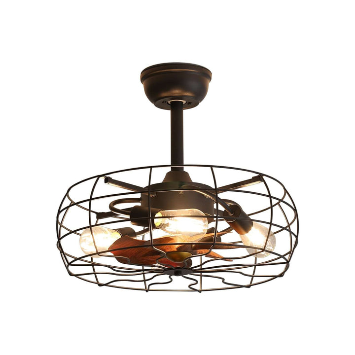 Ceiling fan with light bulb inside a decorative cage on a white background