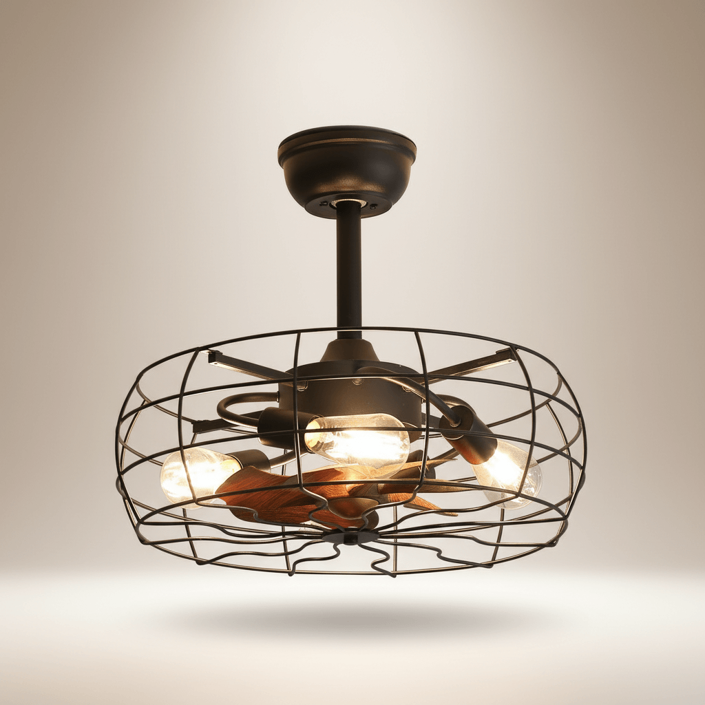 Ceiling fan with light fixture on a neutral background