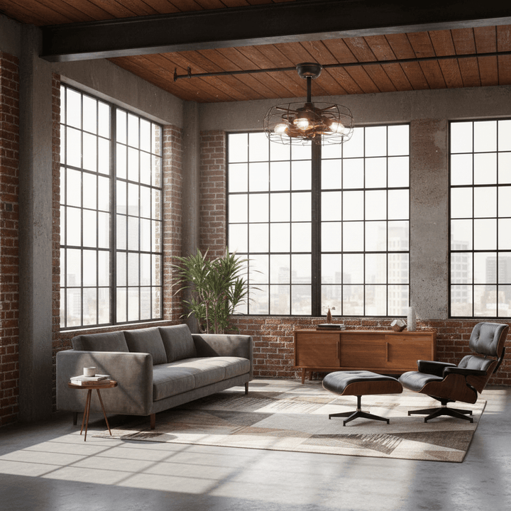 Vintage industrial loft m with gray sofa, armchair, and ottoman in a room with large windows and brick walls.