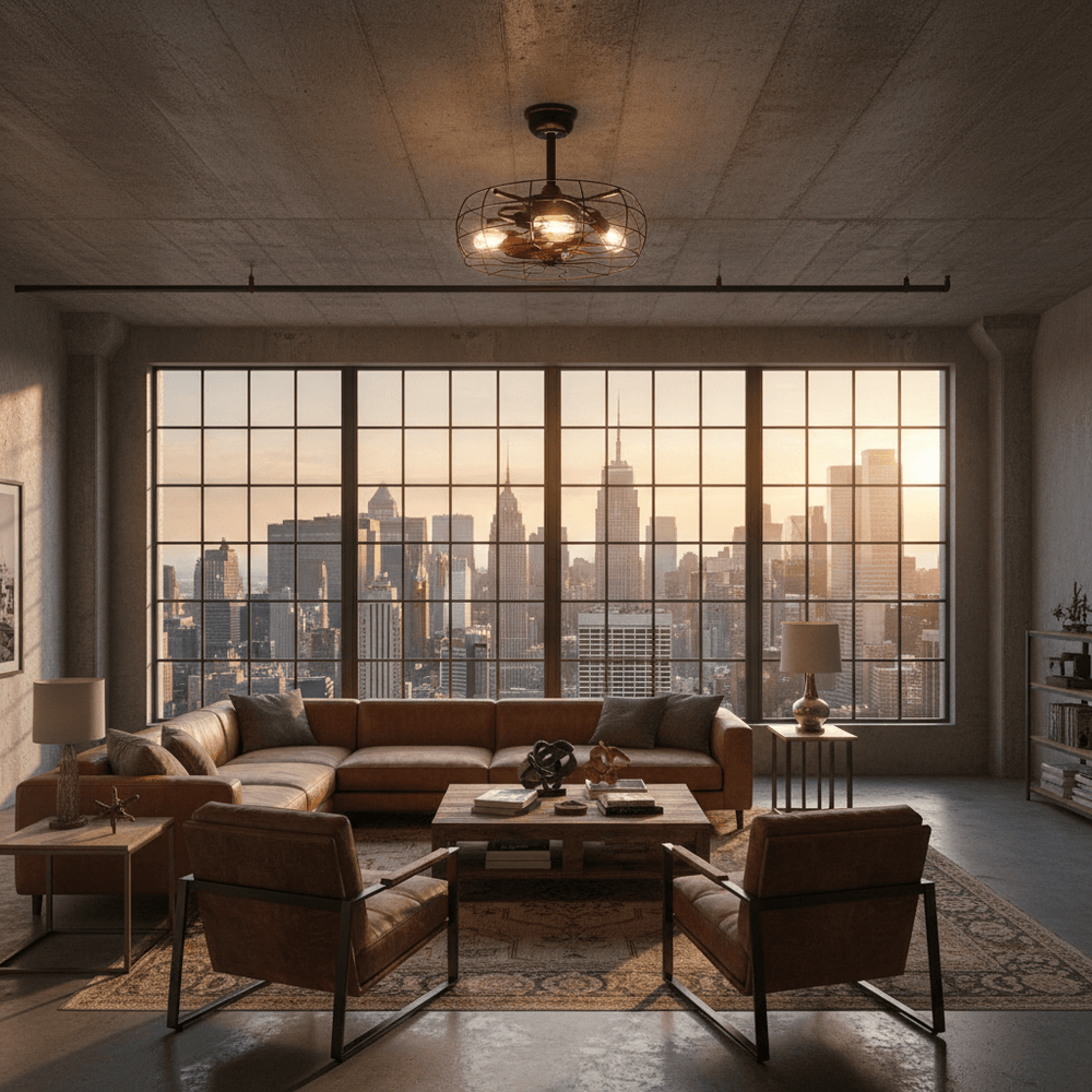 Industrial loft with a large window view of a city skyline.