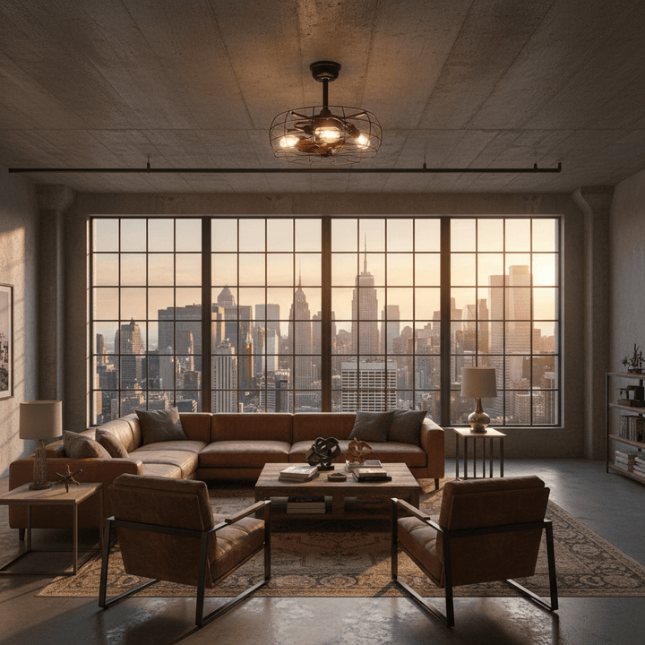 Industrial loft with a large window view of a city skyline.