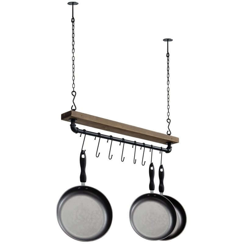 Wooden pot rack with hanging hooks and pans on a white background