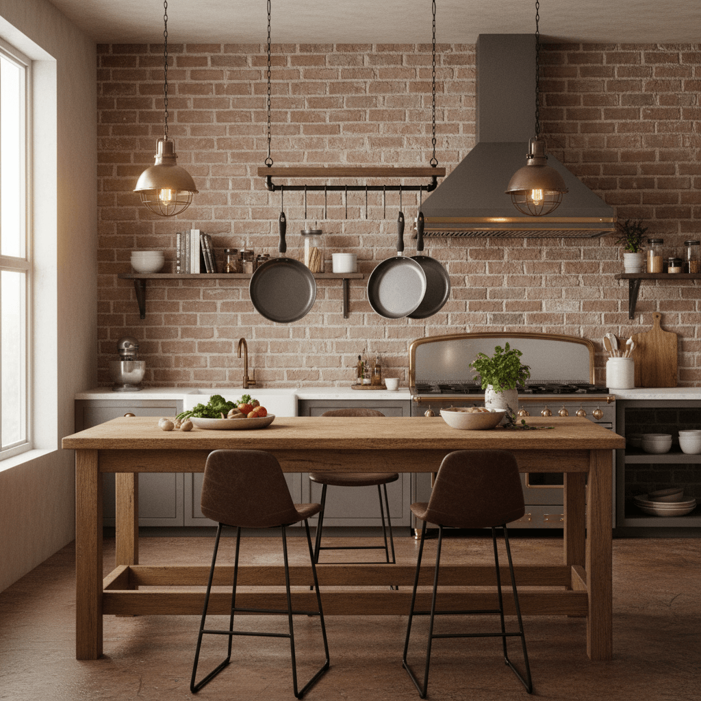 Industrial kitchen with wooden island and brick wall