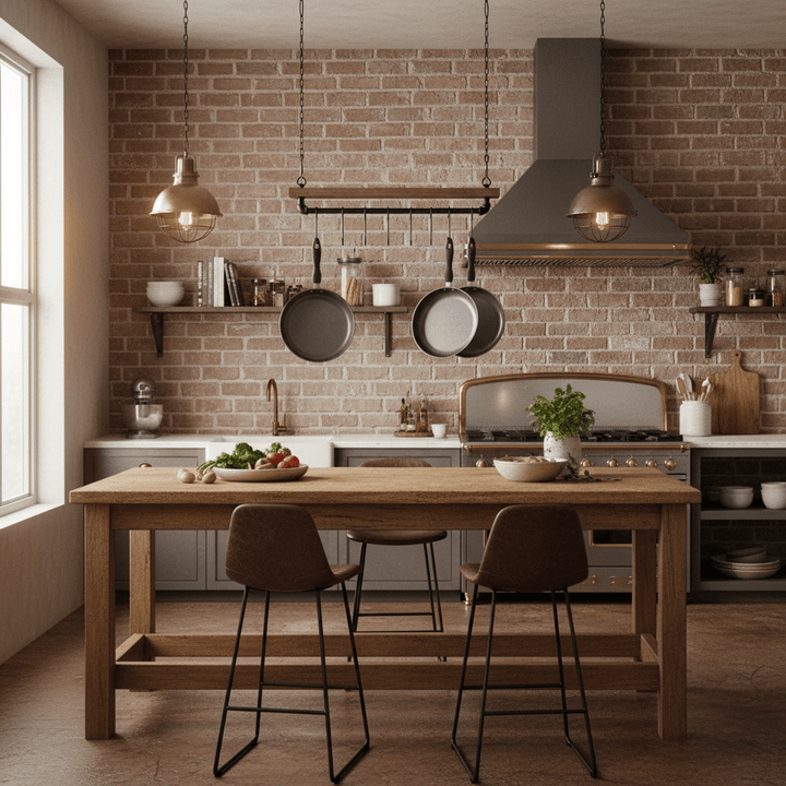 Industrial kitchen with wooden island and brick wall